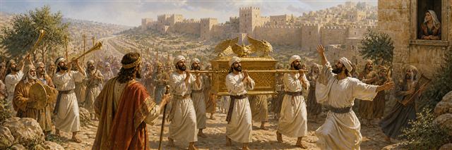 Levites carrying the ark on poles as David and musicians celebrate before Jerusalem